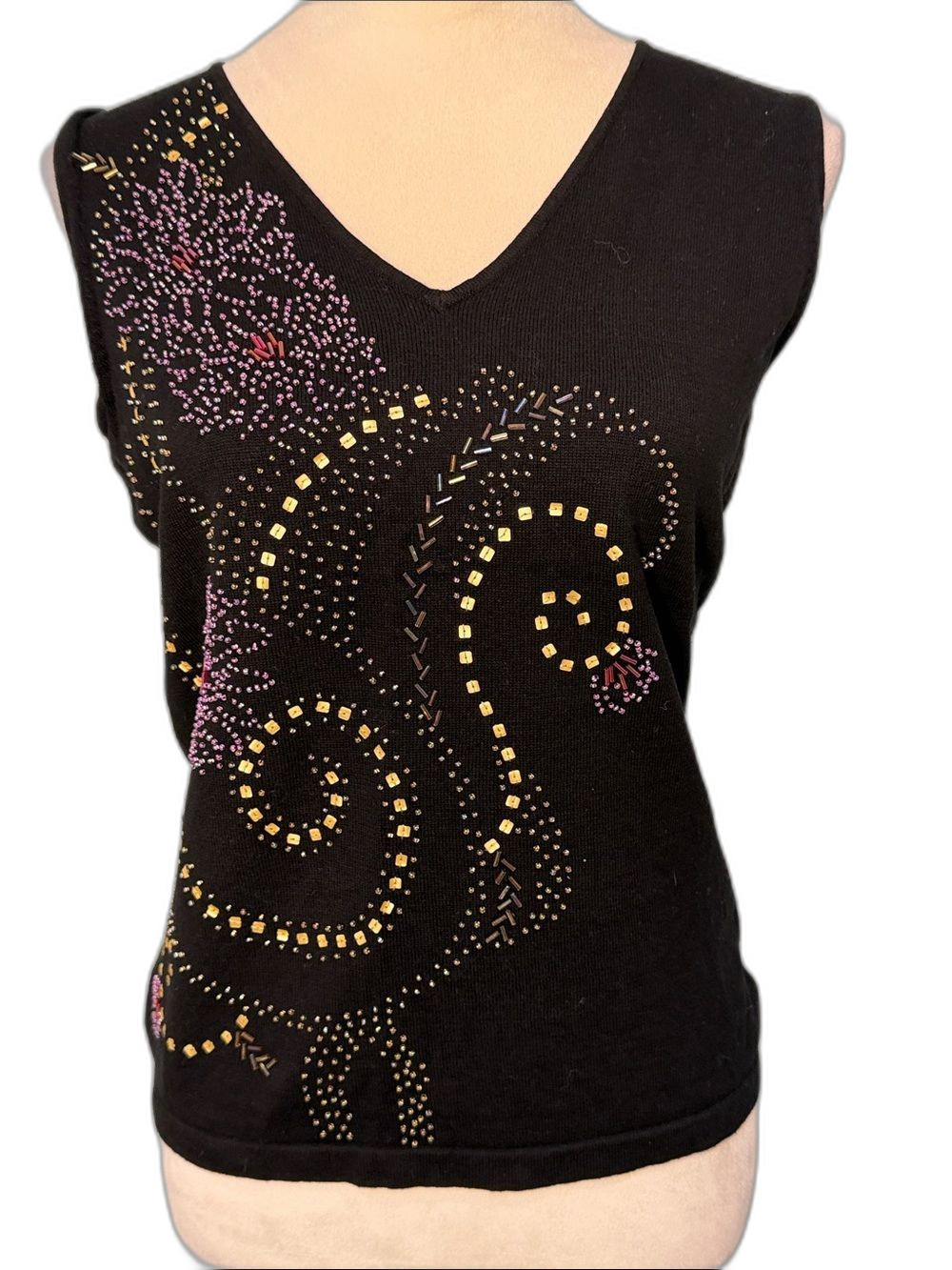 Pierre Cardin Sleeveless Black V-Neck beaded knit tank Top